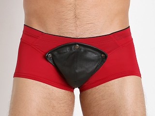 Model in red Gregg Homme Undo Detachable Leather Pouch Boxer Briefs