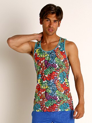 Model in rainbow/multi St33le Rainbow Graffiti Stretch Mesh Tank Top