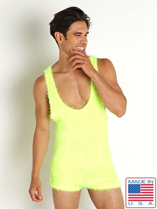 Model in neon yellow Rick Majors Shagalicious Singlet