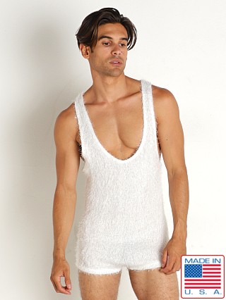 Model in white Rick Majors Shagalicious Singlet