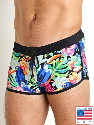 Model in blue toucan LASC Square Cut Swim Trunk