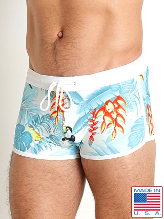 Model in aqua toucan LASC Square Cut Swim Trunk