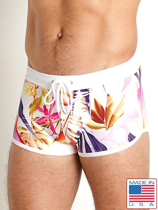 Model in oahu orchids LASC Square Cut Swim Trunk