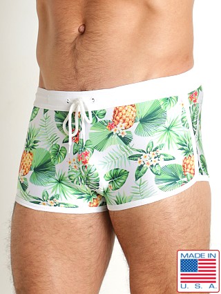 Model in pina colada LASC Square Cut Swim Trunk