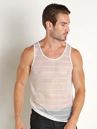 Model in white St33le Stretch Fine Mesh Stripe Tank Top