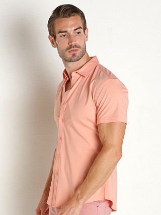 Model in blush St33le Stretch Jersey Knit Short Sleeve Shirt