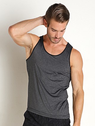 Model in charcoal camo St33le Embossed Camo Mesh Gym Tank Top