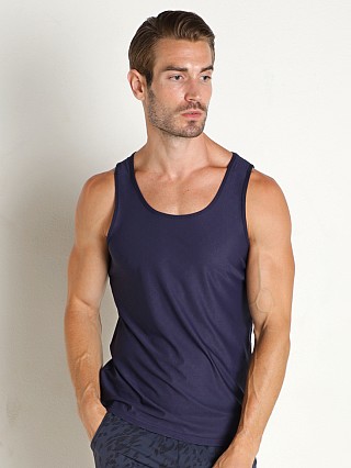 Model in navy logo St33le Embossed Logo Mesh Gym Tank Top