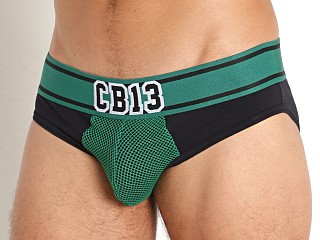 Model in green Cell Block 13 Halfback Mesh Pouch Brief