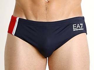 Model in dark navy Emporio Armani Colorblock Swim Brief