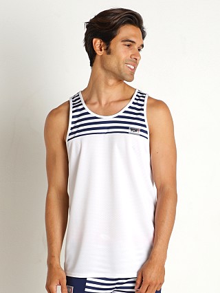 Model in sailor navy TOF Paris Iconic Mesh Tank Top