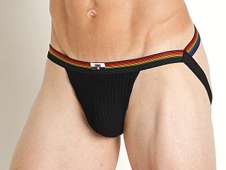 Model in black Cell Block 13 Tight End Pride Swimmer Jockstrap