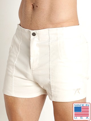 Model in cream LASC Pacific Corduroy 3" Shorts