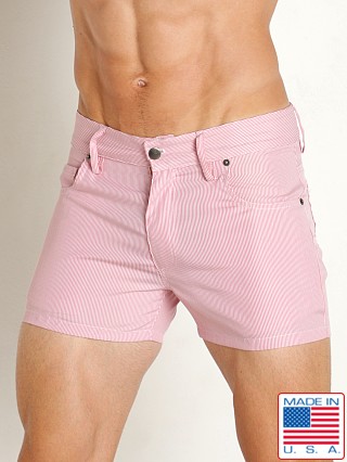 Model in rose LASC 5-Pocket Fine Stripe 3" Shorts