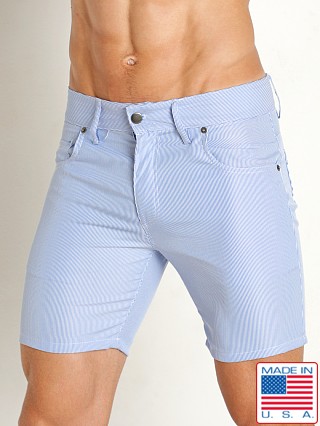 Model in blue LASC 5-Pocket Fine Stripe 6" Shorts