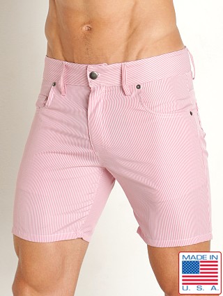 Model in rose LASC 5-Pocket Fine Stripe 6" Shorts