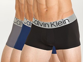 Model in black/grey sky lake/crest blue Calvin Klein Reconsidered Steel Micro Low Rise Trunk 3-Pack Blac