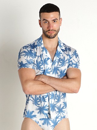 Model in white print Timoteo Coral Sands Button Down Shirt