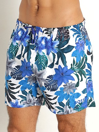 Model in white/blue/green Hugo Boss Piranha Swim Shorts