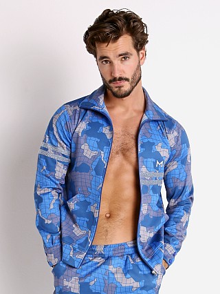 Model in blue Modus Vivendi Trapped Camo Jacket