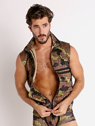 Model in khaki Modus Vivendi Trapped Camo Sleeveless Jacket