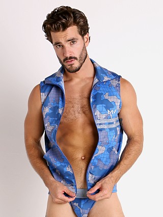 Model in blue Modus Vivendi Trapped Camo Sleeveless Jacket