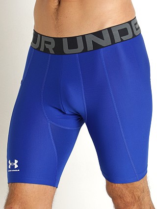 Model in royal/white Under Armour HeatGear Compression Shorts