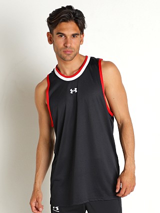 Model in black/red/white Under Armour Baseline Replica Tank Top