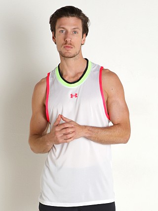 Model in white/black/penta pink Under Armour Baseline Replica Tank Top