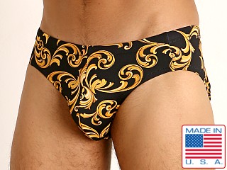 Model in print Sauvage Gold Scroll Swim Brief