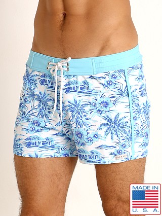 Model in sky hawaii print Sauvage Retro Lycra Swim Short