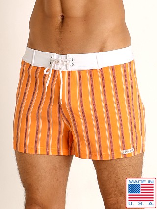 Model in orange stripe Sauvage Retro Lycra Swim Short