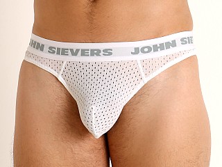 Model in white John Sievers STRETCH MESH Natural Pouch Thong