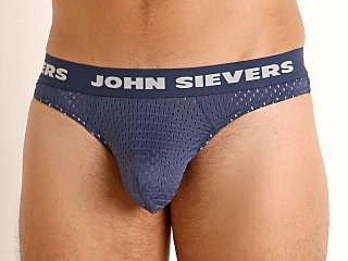 Model in navy John Sievers STRETCH MESH Natural Pouch Thong