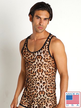 Model in leopard Rick Majors Sheer Mesh Tank Top