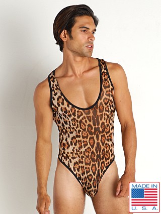 Model in leopard Rick Majors Sheer Mesh Singlet