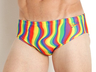 Model in rainbow tide Speedo One Printed Rainbow Pride Swim Brief