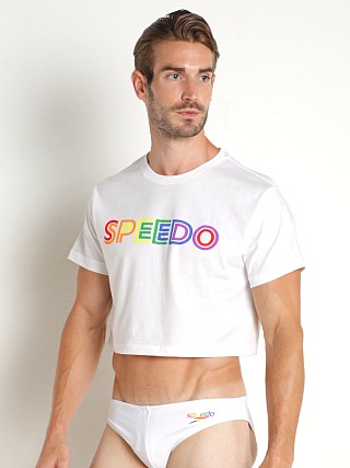 Model in white Speedo Rainbow Pride Crop Top