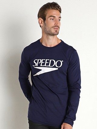 Model in navy Speedo Vintage Logo Long Sleeve Shirt