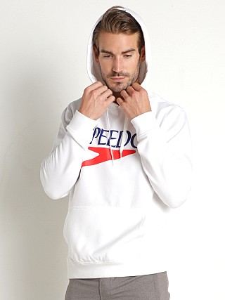 Model in white Speedo Vintage Logo Hoodie