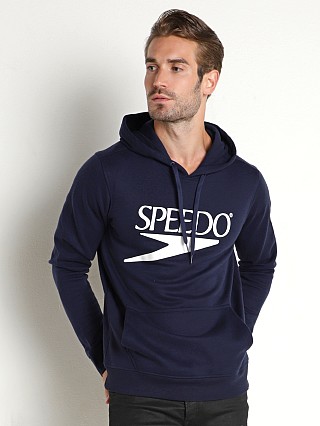 Model in navy Speedo Vintage Logo Hoodie