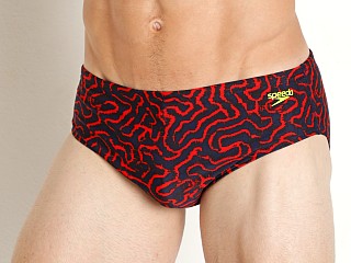 Model in red/white/blue Speedo Eco Pro LT Race Maze Swim Brief