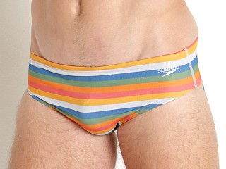 Model in multi-stripe ivy Speedo Print One Swim Brief