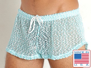 Model in aqua Rick Majors Seafoam Mesh Shorts