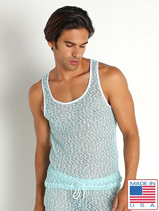 Model in aqua Rick Majors Seafoam Mesh Tank Top