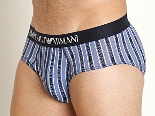 Model in colony blue w/ vertical stripes Emporio Armani All Over Logo Brief Colony Blue