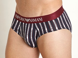 Model in marine w/ vertical stripes Emporio Armani All Over Logo Brief Marine