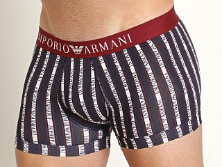 Model in marine w/ vertical stripes Emporio Armani All Over Logo Trunk Marine