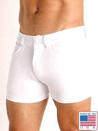 Model in white LASC Retroactive Scouting Shorts