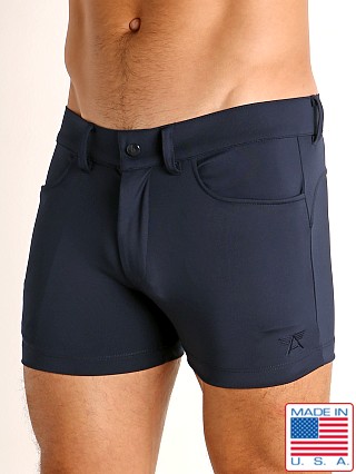 Model in navy LASC Retroactive Scouting Shorts